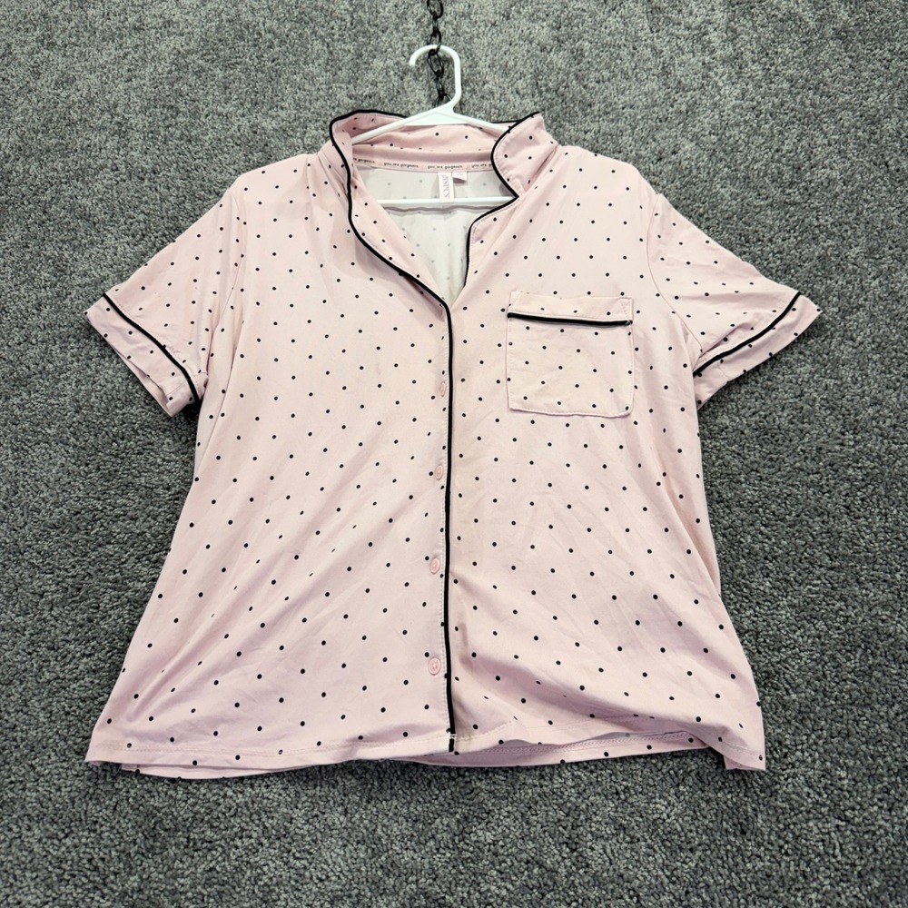 Joyspun Pajama Top Womens M Pink Polka Dot Short Sleeve Button Front